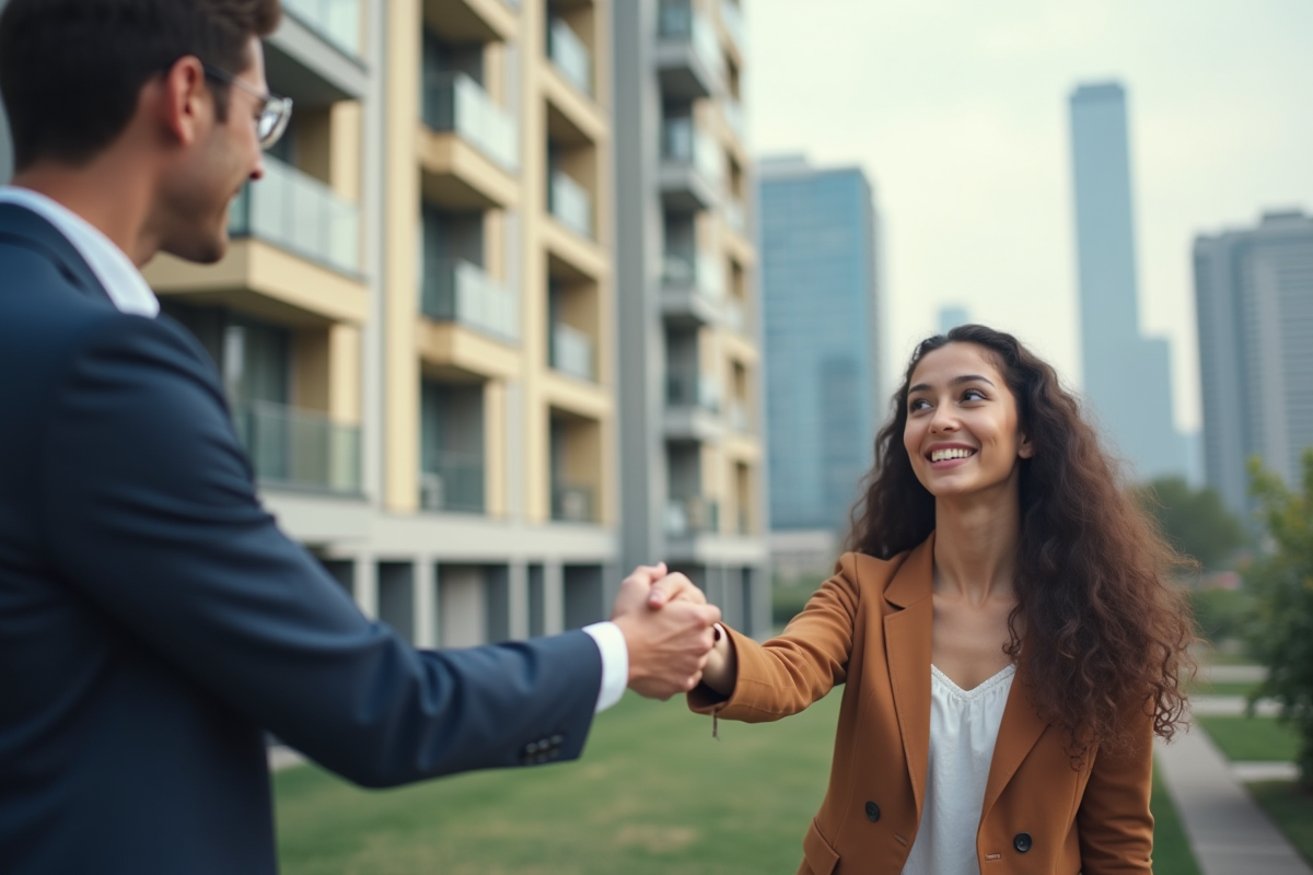 Agent immobilier remettant les clés à un jeune adulte souriant