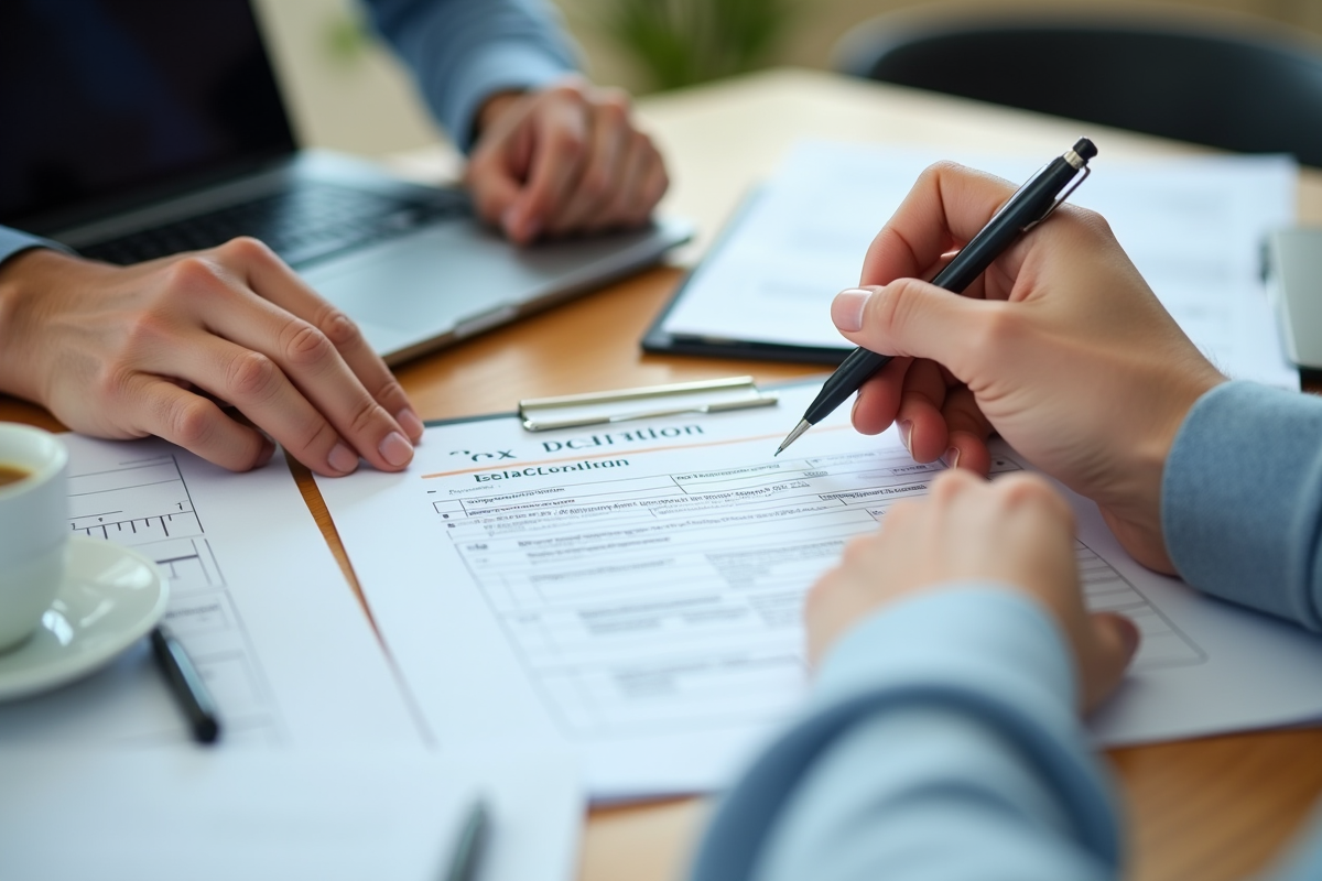 Mains remplissant une declaration fiscale sur un bureau lumineux