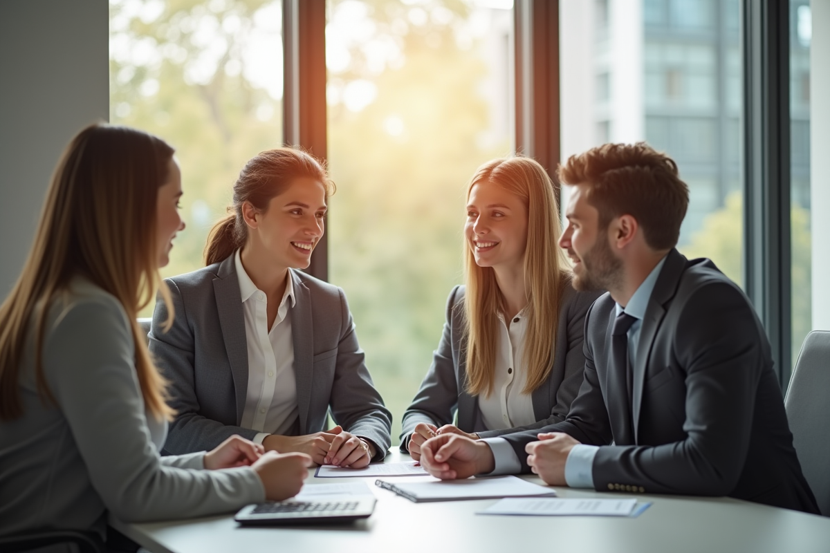 Jeune couple rencontrant un conseiller financier dans un bureau lumineux