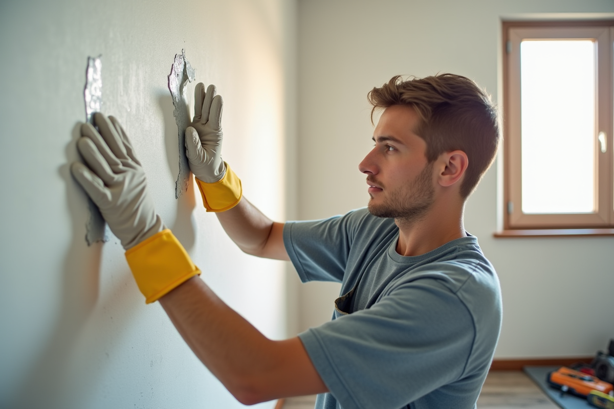 Jeune locataire réparant un trou dans le mur avec de la plâtre