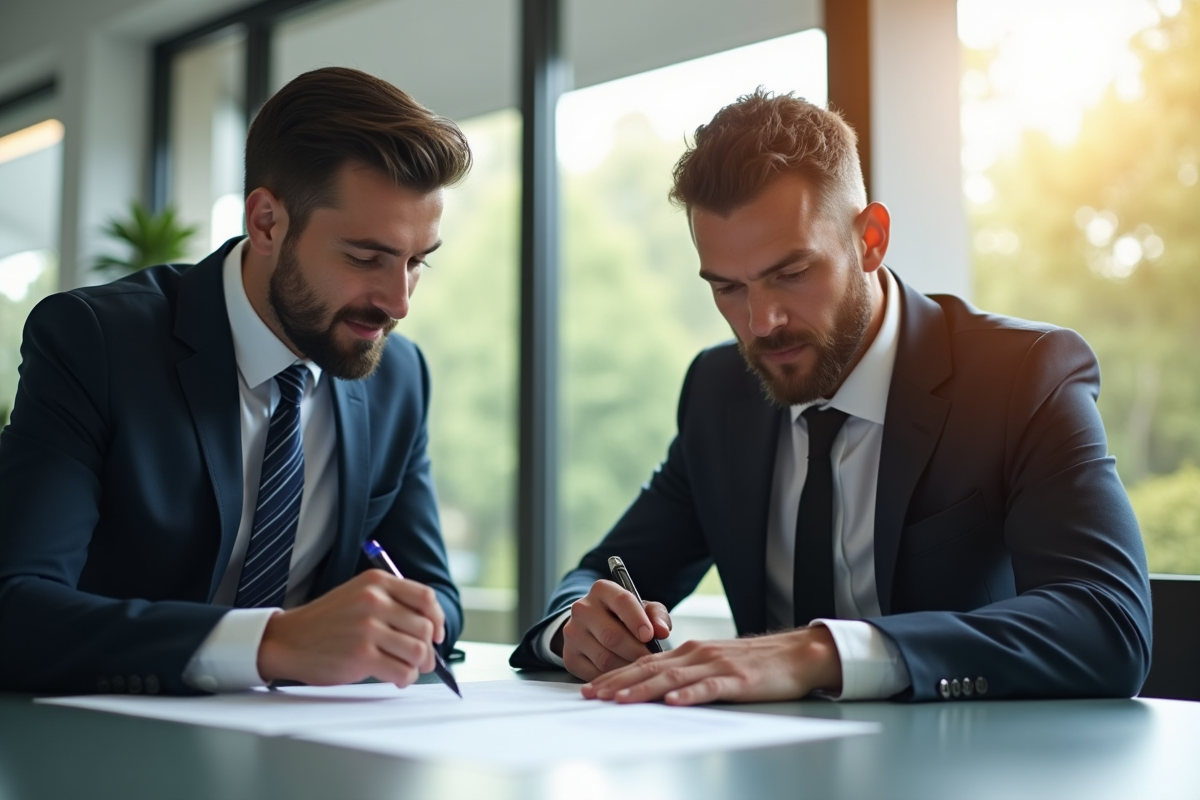 Deux professionnels en réunion signant un contrat dans un bureau lumineux