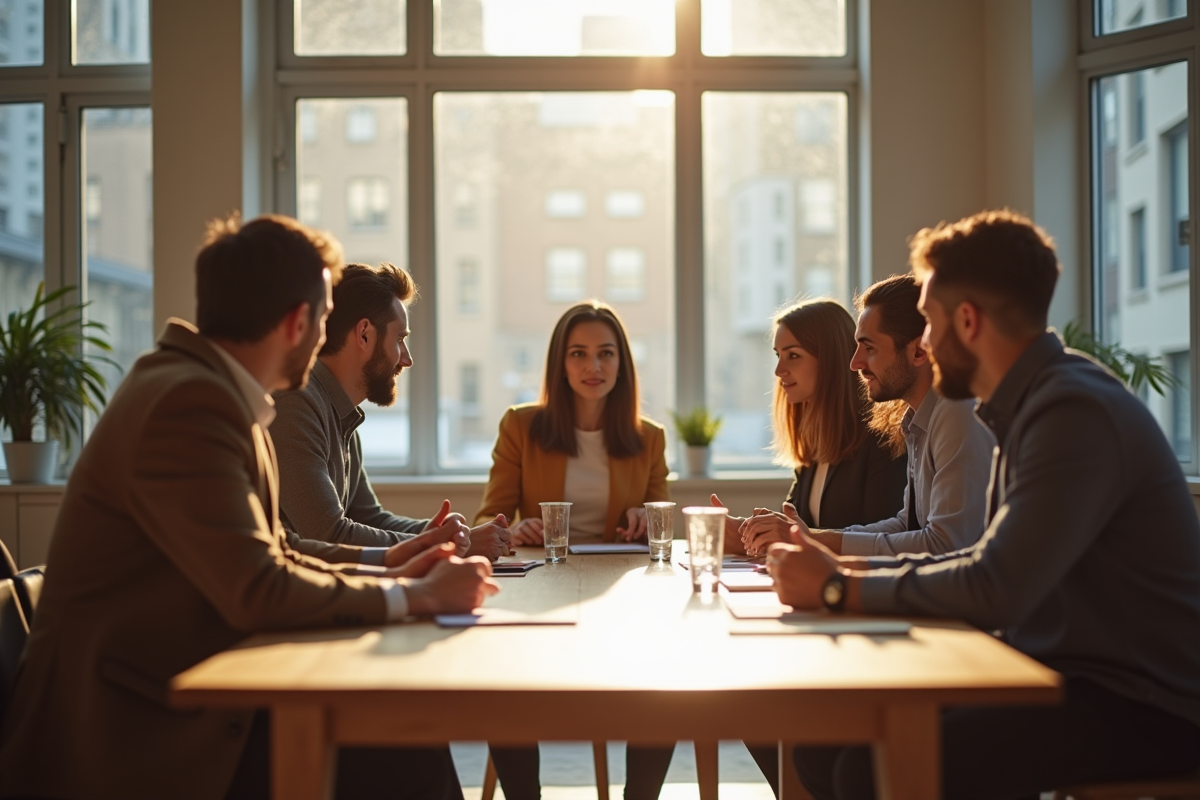 Groupe de locataires et propriétaires en discussion dans un espace de coworking lumineux