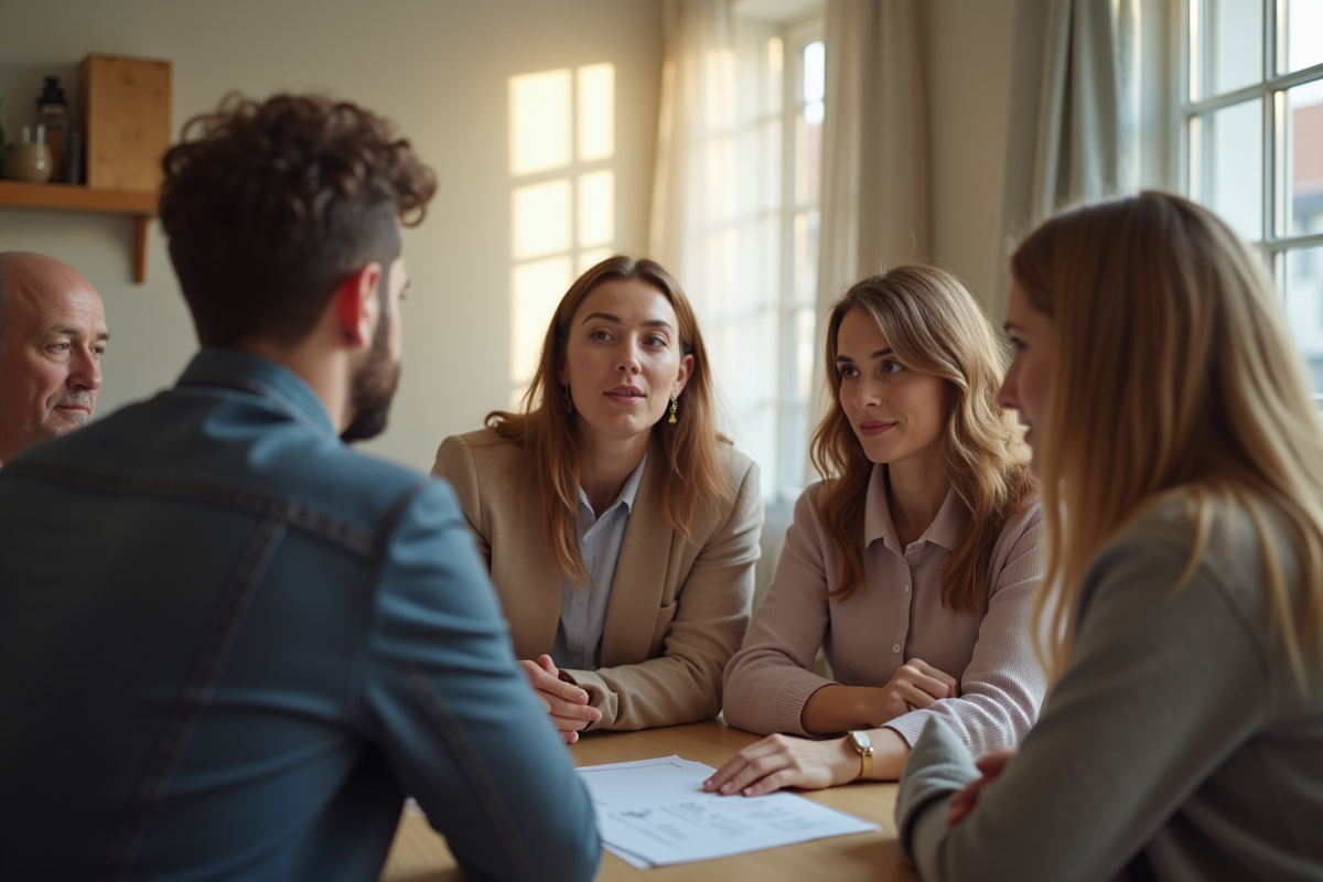 Groupe d adultes écoutant un agent immobilier dans un appartement lumineux