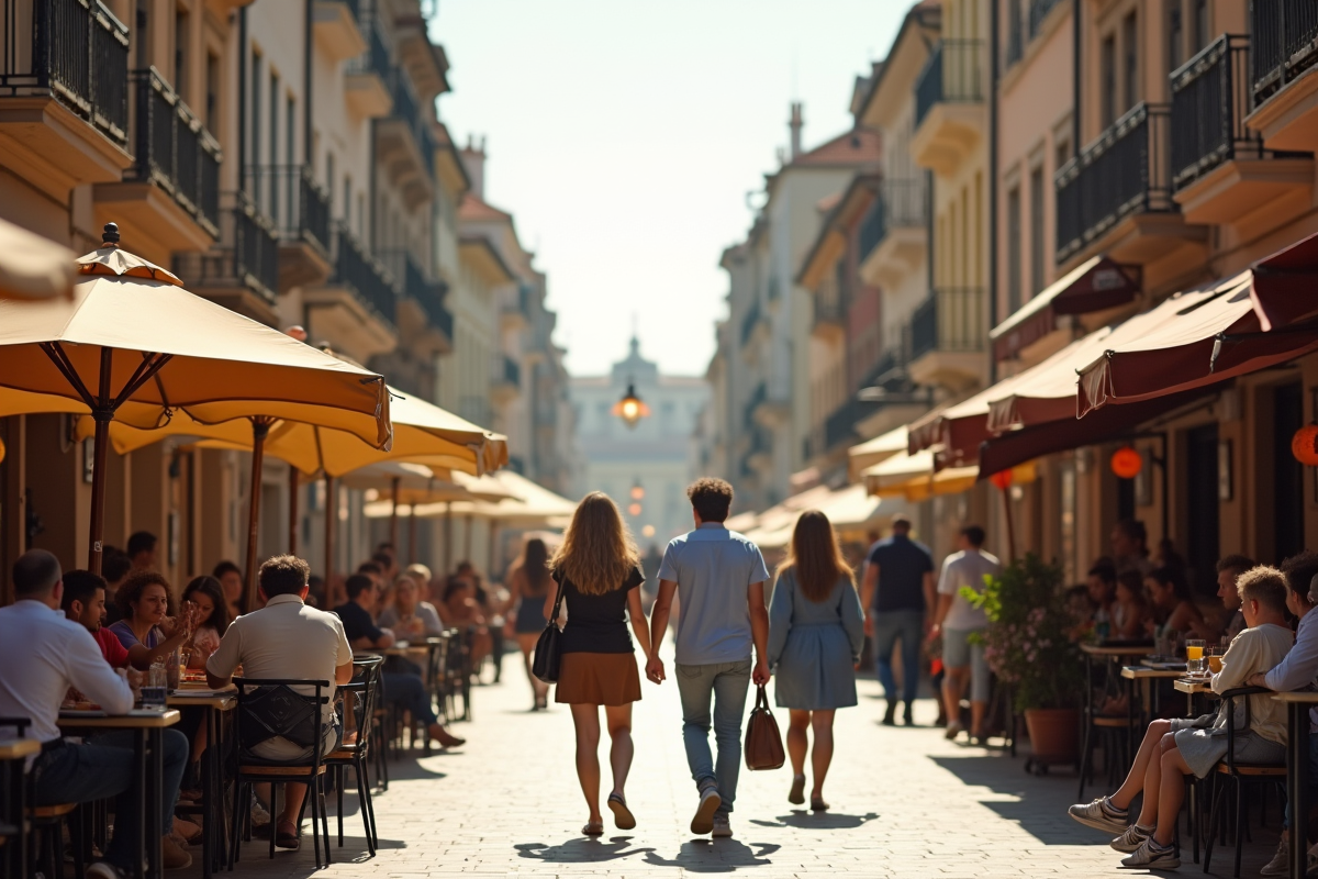 Rue animée en Europe avec des passants et cafés en plein air
