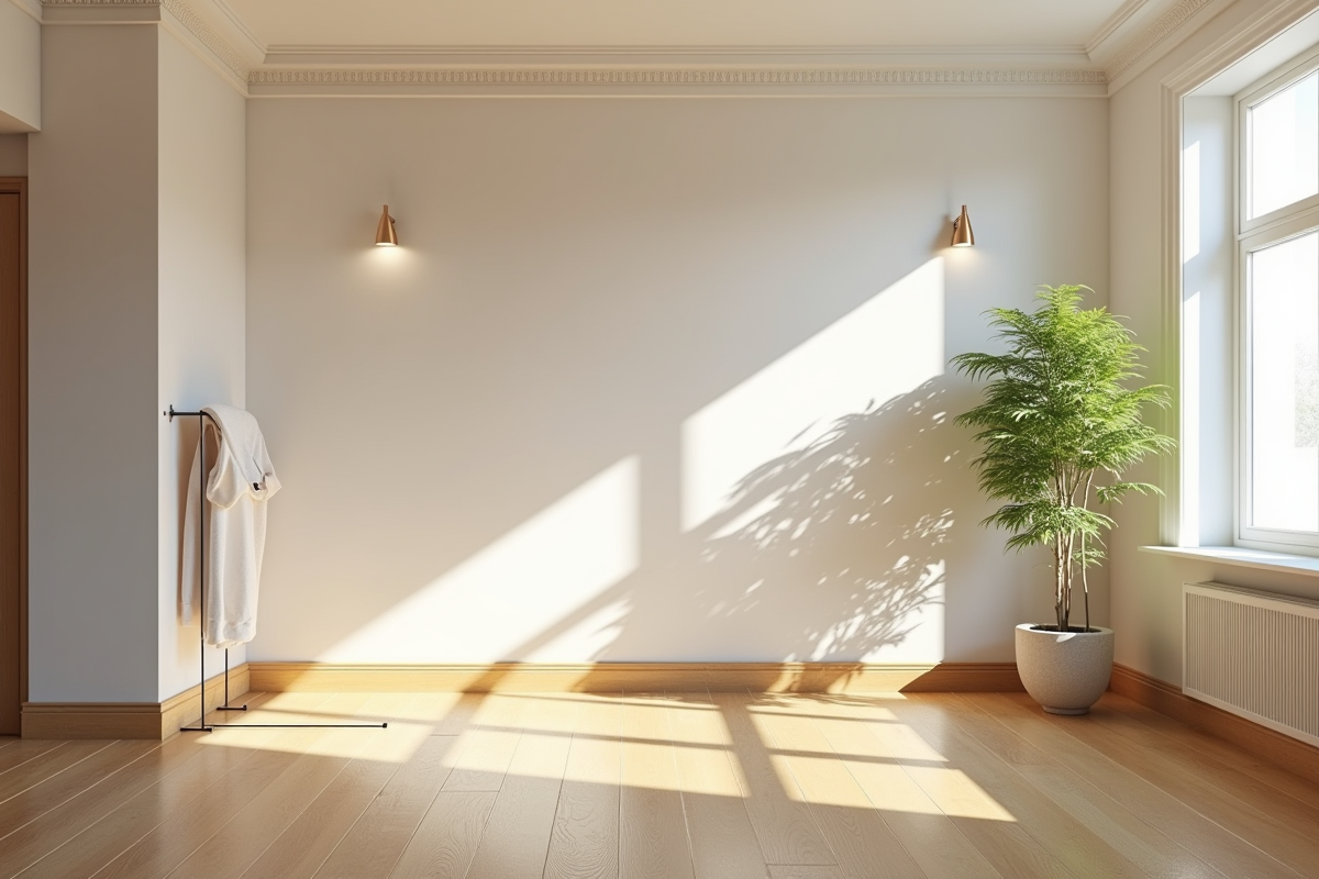 Salon lumineux avec sol en bois et éclairage moderne