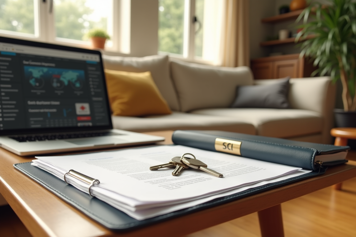 Salon chaleureux avec documents et clés de maison sur la table