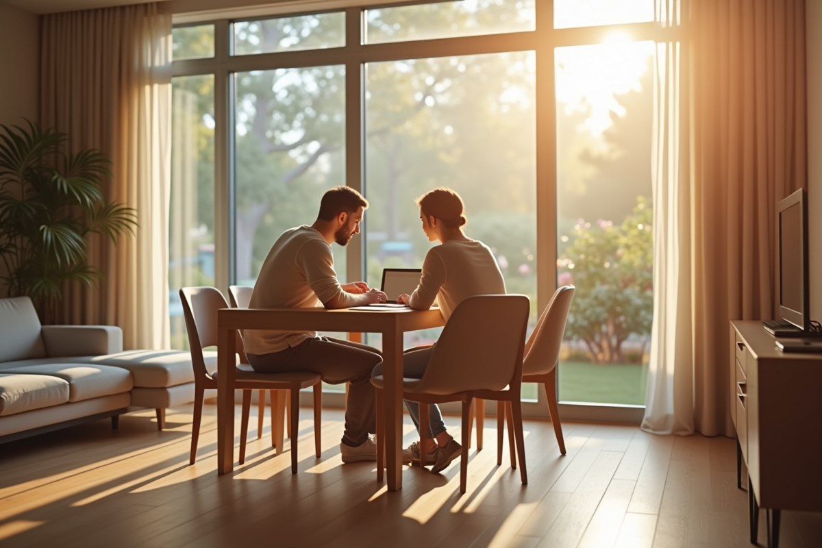 Salon moderne lumineux avec couple et documents financiers