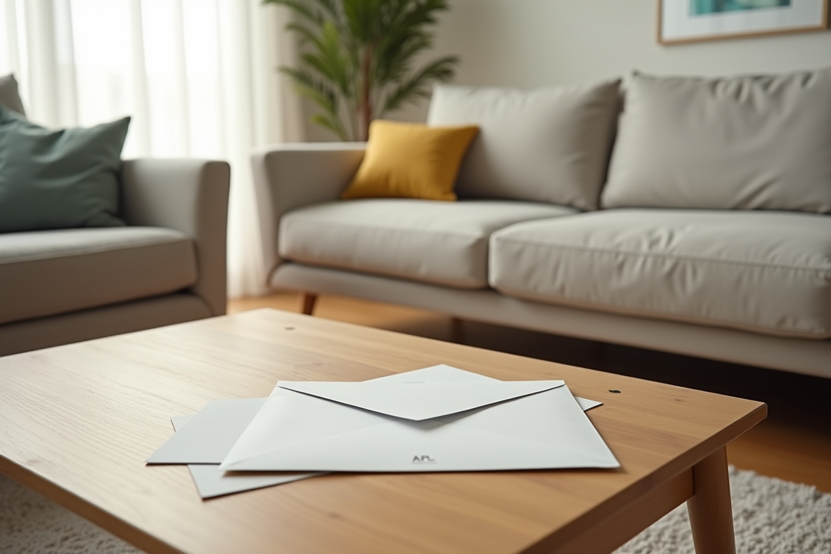 Salon minimaliste avec enveloppe APL sur la table en bois
