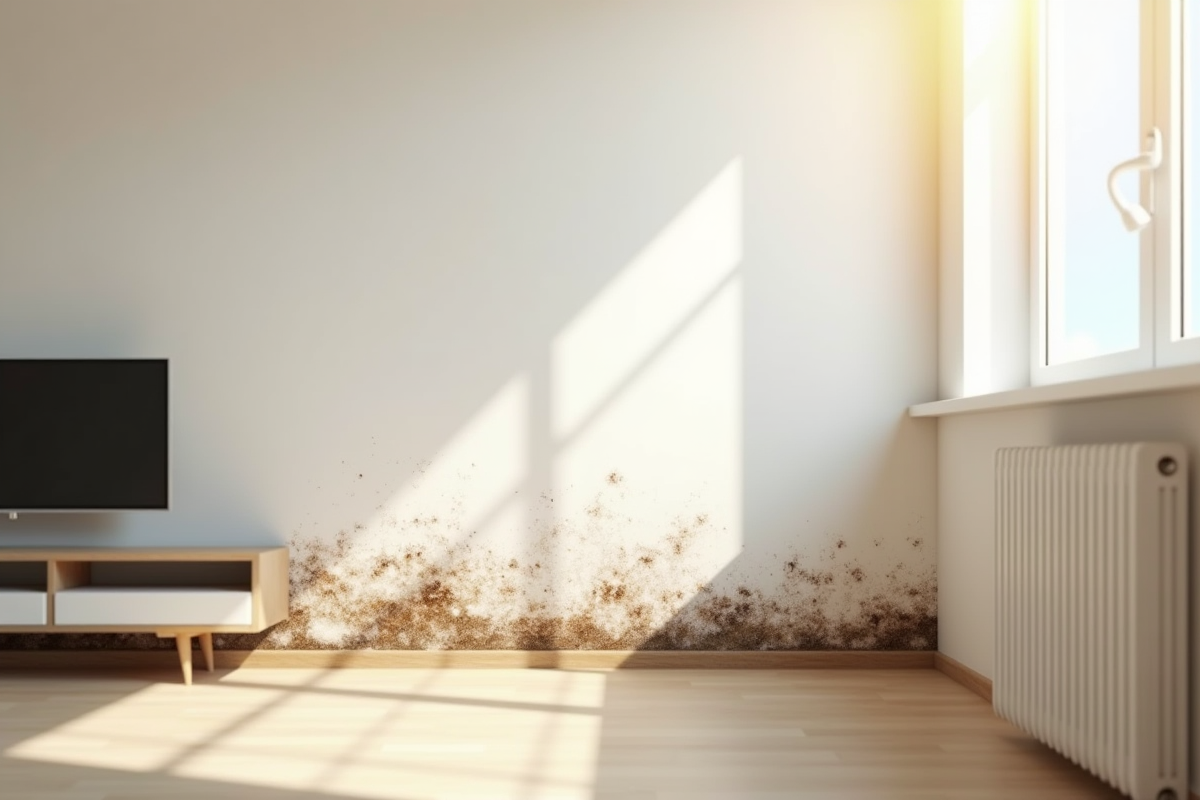 Salon moderne avec moisissure sur le mur blanc près de la fenêtre