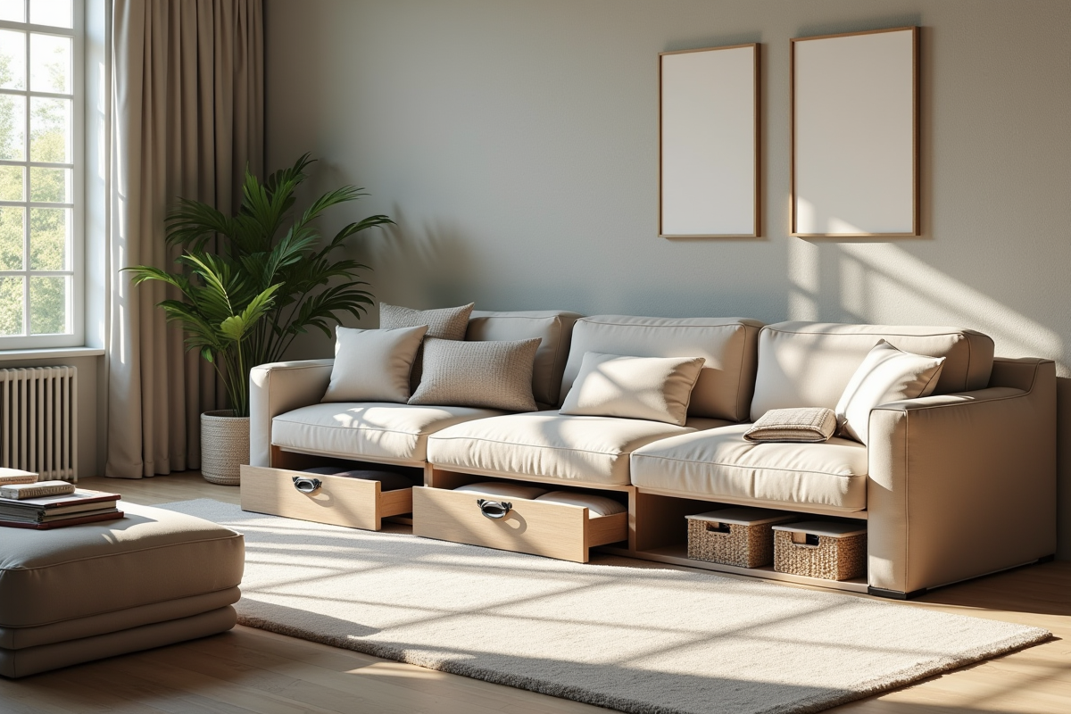 Salon moderne avec canapé de rangement et lumière naturelle