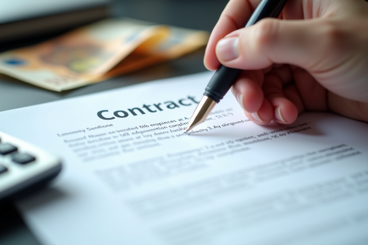 Main signant un contrat avec une calculatrice et des billets d euro