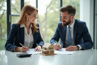Deux professionnels signant un contrat immobilier dans un bureau lumineux