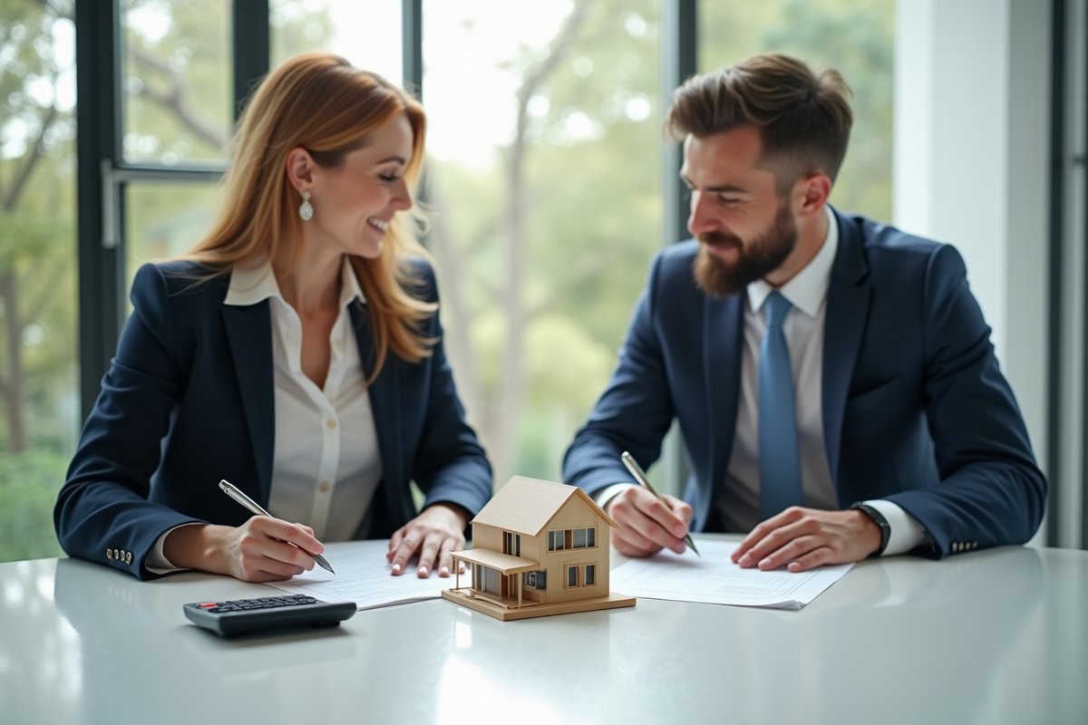 Deux professionnels signant un contrat immobilier dans un bureau lumineux