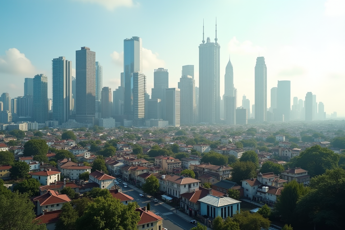 Vue d'une skyline urbaine avec gratte-ciel modernes et maisons anciennes