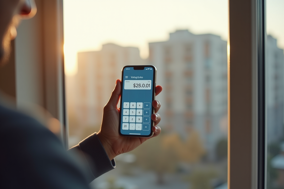Main tenant un smartphone avec calculateur de budget devant une fenêtre urbaine