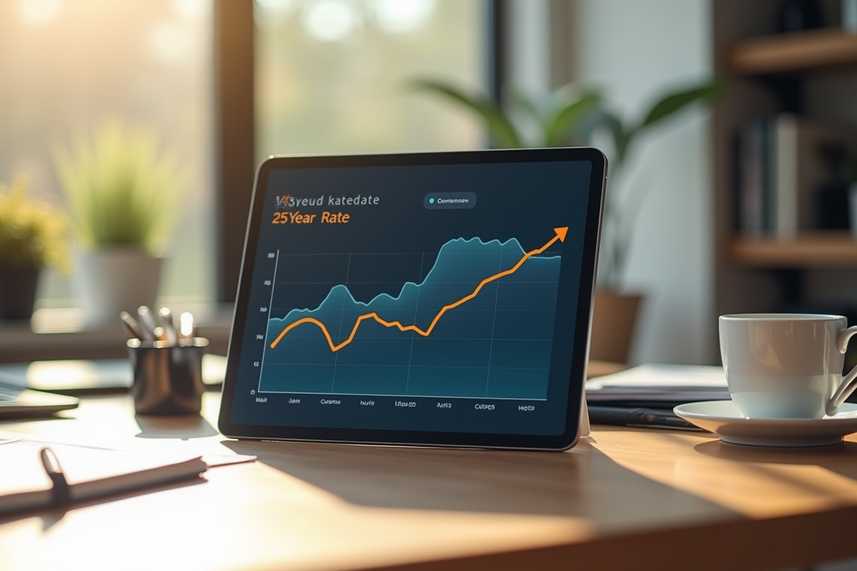 Tablette affichant une tendance des taux d interet sur 25 ans