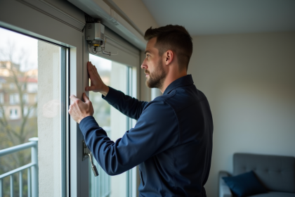 Technicien en réparation de volet électrique dans un intérieur français