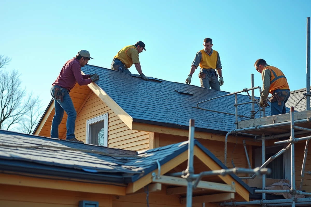 Toit en rénovation avec ouvriers installant des ardoises en plein jour