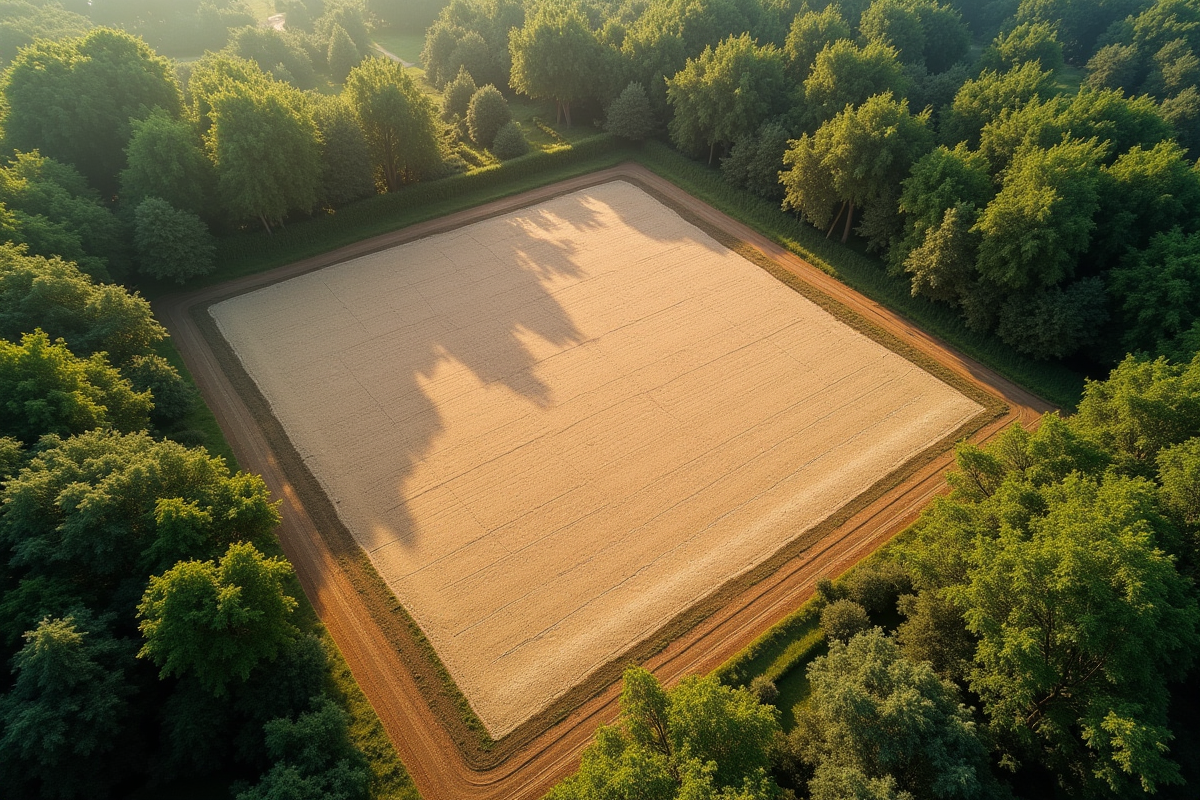 Vue aérienne d'un terrain carré de 1000 m2 bien délimité